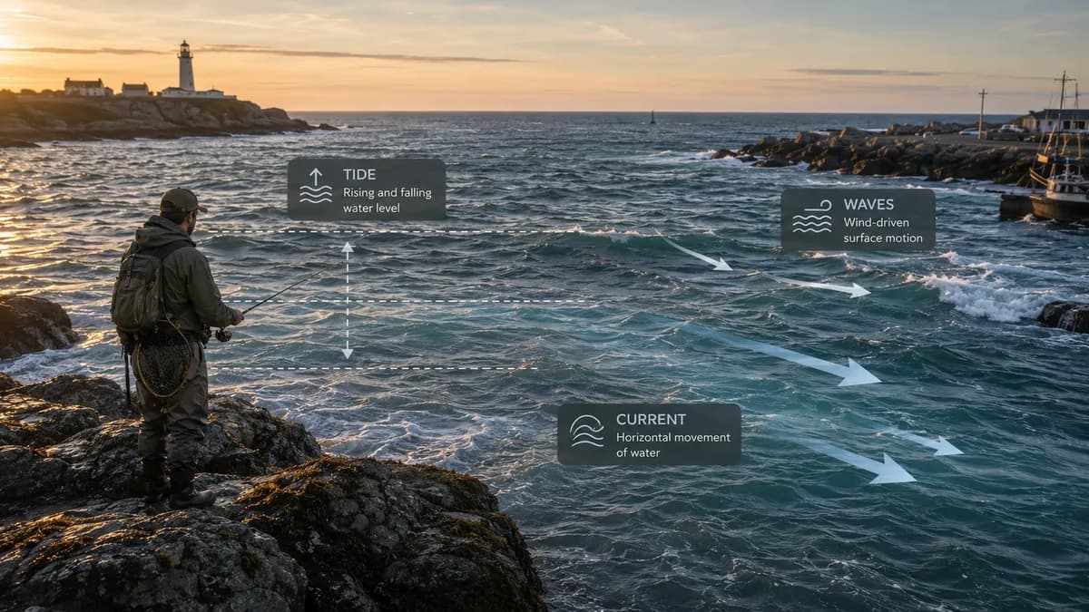 Coastal angler at golden hour with separate tide, wave, and current annotations over the water.