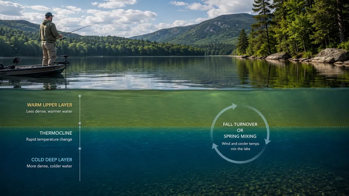 Mountain lake cross-section showing a warm upper layer, thermocline, cold deep water, and a fall-turnover mixing graphic.